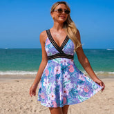 Black Mesh Panel V Neck Skirted 2 Piece Swimsuit Sheer Stripe Trim Sleeveless A Line Tank Dress Tummy Control Swimwear