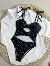 Black White Polka Dot One Piece Swimsuit Twist Front Cutout Bow Tie Shoulder High Leg One-Piece Suits Beach Swimwear