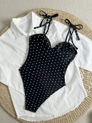 Black White Polka Dot One Piece Swimsuit Twist Front Cutout Bow Tie Shoulder High Leg One-Piece Suits Beach Swimwear