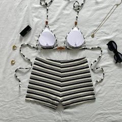 Black White Striped 2 Piece Bikini Set