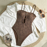 Boho Textured Leaf One Piece Suits Bathing Suit Thin Strap Amber Bead Keyhole Cutout High Cut Leg Pool Vacation Swimwear