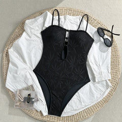 Boho Textured Leaf One Piece Suits Bathing Suit Thin Strap Amber Bead Keyhole Cutout High Cut Leg Pool Vacation Swimwear