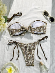 Brown and White Embroidered Textured Bandeau Bikini Set