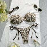 Brown and White Embroidered Textured Bandeau Bikini Set