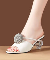 Crystal Chunky Heel Beige Slide Sandals Peep Toe