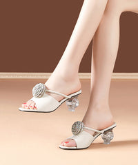 Crystal Chunky Heel Beige Slide Sandals Peep Toe