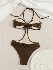 Dark Brown Pleated Halter One Piece Suits Swimsuit Cutout High Cut Backless Bikinis Bodycon Beach Swimwear