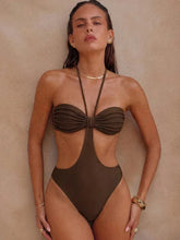 Dark Brown Pleated Halter One Piece Suits Swimsuit Cutout High Cut Backless Bikinis Bodycon Beach Swimwear