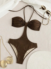 Dark Brown Pleated Halter One Piece Suits Swimsuit Cutout High Cut Backless Bikinis Bodycon Beach Swimwear