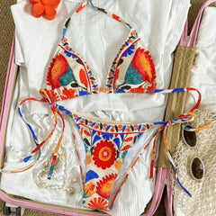 Floral Print Halter Triangle Bikini Set
