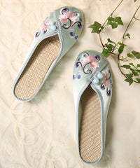 Green Embroidered Button Cotton Fabric Slide Sandals