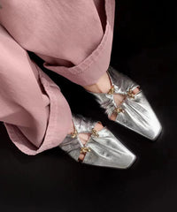 Hollow Out Chunky Beige Cowhide Leather Slide Sandals