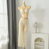 Leaf Hollow Mesh 3 Piece Bikini Set