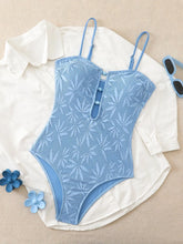 Leaf Mesh Textured One Piece Suits Swimsuit Front Amber Bead Cutout Spaghetti Strap High Cut Swimsuits Swim Bodysuit