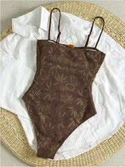 Leaf Mesh Textured One Piece Suits Swimsuit Front Amber Bead Cutout Spaghetti Strap High Cut Swimsuits Swim Bodysuit