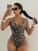Leopard Print One Piece Suits Swimsuit Deep V Neck Front Ruched Drawstring Spaghetti Strap High Cut Cheeky Beach Swimwear