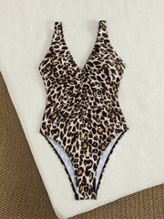Leopard Print One Piece Suits Swimsuit Deep V Neck Front Ruched Drawstring Spaghetti Strap High Cut Cheeky Beach Swimwear