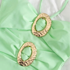 Mint Green One Piece Swimsuit Halter Tie Double Hammered Oval Gold Ring Cutout High Cut Cheeky Bikinis Beach Swimwear
