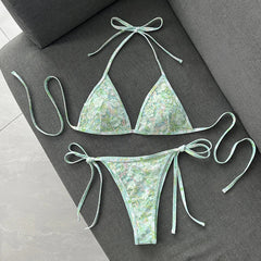Mint Mesh Sequin Floral Embroidery 2 Piece Bikini Set