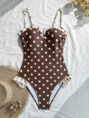 Polka Dot One Piece Suits Swimsuit Cream Contrast Trim V Notch Neck Ruffle Frill Hem Spaghetti Strap High Cut Bodysuit
