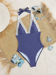 Polka Dot One Piece Suits Swimsuit White Lace Trim Deep V Halter Tie Back High Cut Cheeky Beach Swimwear