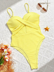 Ribbed One Piece Suits Swimsuit Wrap Cross Front Cutout V Neck Spaghetti Strap High Cut Swimwear Bikinis Bodysuit