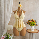 Solid Backless Swimwears Textured Halter Tankini Swimsuit Ruffled Top with Side Tie Bottom