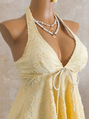 Solid Backless Swimwears Textured Halter Tankini Swimsuit Ruffled Top with Side Tie Bottom