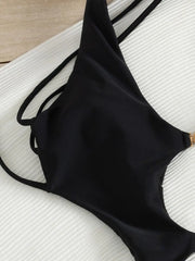 Solid Black One Piece Suits Backless Swimsuit Halter Double Circle Gold Buckle Dual Side Cutout High Cut Beach Swimwear