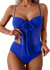 Solid Front Bow Chiffon Bikinis Set