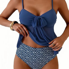 Solid Front Bow Chiffon Bikinis Set