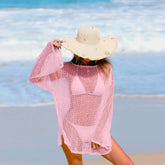 Solid Hollow Mesh Beach Cover Up Long Sleeve Crew Neck Loose Side Slit Oversized Tunic Dress Swim Cover Up