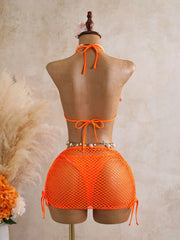 Solid Mesh Crochet 3 Piece Bikini Set