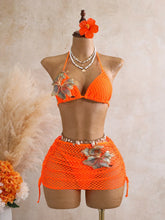 Solid Mesh Crochet 3 Piece Bikini Set
