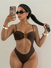 Solid One Piece Suits Swimsuit Spaghetti Strap Metal Buckle Front Cutout High Cut Beach Swimwear Bodysuits