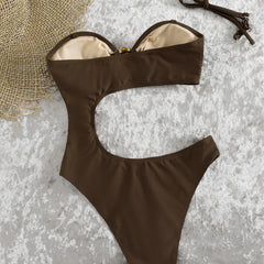 Solid One Piece Suits Swimsuit Spaghetti Strap Metal Buckle Front Cutout High Cut Beach Swimwear Bodysuits