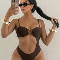 Solid One Piece Suits Swimsuit Spaghetti Strap Metal Buckle Front Cutout High Cut Beach Swimwear Bodysuits