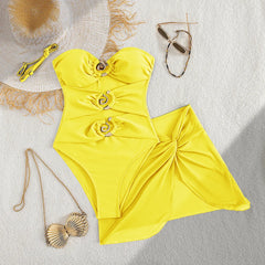 Solid Strapless 2 Piece Swimsuit G Metal Ring Cutout One Piece Bikini + Twist Mesh Wrap Skirt Cover Up Beach Swimwear