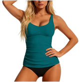 Solid U Neck Ruched Tankini 2 Piece Swimsuit Spaghetti Strap Tank High Cut Tummy Control Beach Swimwear Bikinis Set