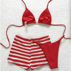 Stripe Crochet Short 3 Piece Bikini Set