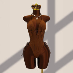 Textured Ribbed One Piece Suits Swimsuit Knit Fabric Halter Tie Strap Deep V Front Cutout High Cut Leg Slimming Monokini