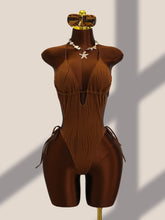 Textured Ribbed One Piece Suits Swimsuit Knit Fabric Halter Tie Strap Deep V Front Cutout High Cut Leg Slimming Monokini