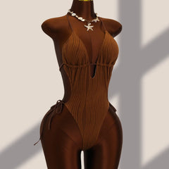 Textured Ribbed One Piece Suits Swimsuit Knit Fabric Halter Tie Strap Deep V Front Cutout High Cut Leg Slimming Monokini