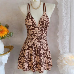 Tropical Print One-Piece Suits Skirted Bathing Suit Flower Deep V Neck Side Shirring Waist Flared Hem Swimwear