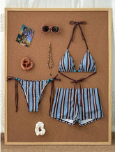 Vertical Stripe 3 Piece Bikini Set