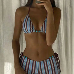Vertical Stripe 3 Piece Bikini Set