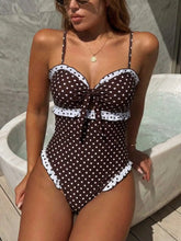 Vintage Polka Dot One Piece Suits Bathing Suit Print Front Knot Hollow Out Frill Edge High Leg Pool Swimwear