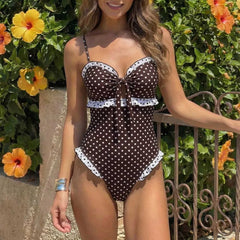 Vintage Polka Dot One Piece Suits Bathing Suit Print Front Knot Hollow Out Frill Edge High Leg Pool Swimwear
