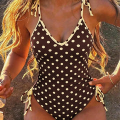 Vintage Polka Dot One Piece Suits Bathing Suit V Neck Self Tie Shoulder Strap Side Gathered High Leg Bikinis Swimwear