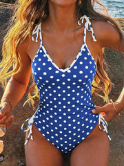 Vintage Polka Dot One Piece Suits Bathing Suit V Neck Self Tie Shoulder Strap Side Gathered High Leg Bikinis Swimwear